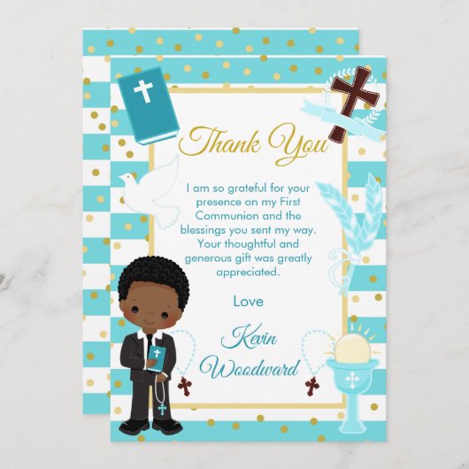 Carte De Remerciements Garçon afro-américain Première Communion rayure bl (Devant / Derrière)