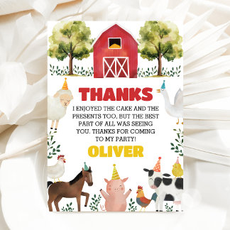 Carte De Remerciements Garçon Anniversaire Animaux de la Ferme