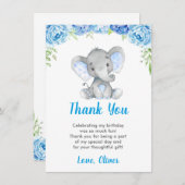 Carte De Remerciements Garçon éléphant Bleu Fête d'anniversaire Petit Cac (Devant / Derrière)