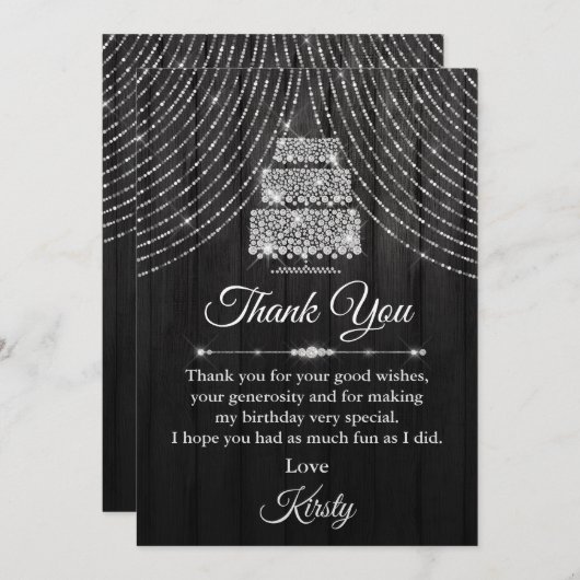 Carte De Remerciements Gâteau noir diamant argent fête d'anniversaire (Devant / Derrière)