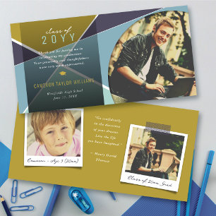 Carte De Remerciements Geo Blue Criss Cross Color Block Photo Graduation