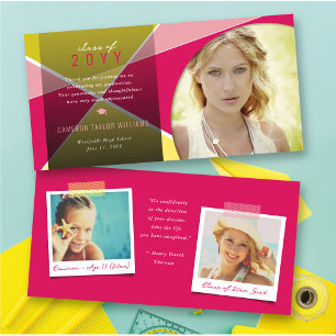 Carte De Remerciements Geo Fuchsia Criss Cross Color Block Photo Graduate