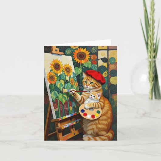 Carte De Remerciements Ginger Kitty Artiste peinture tournesol (Devant)