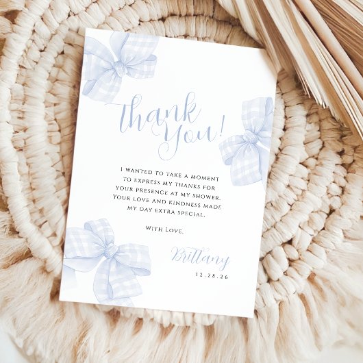 Carte De Remerciements Gingham Blue Bow Baby Shower Thank You Card