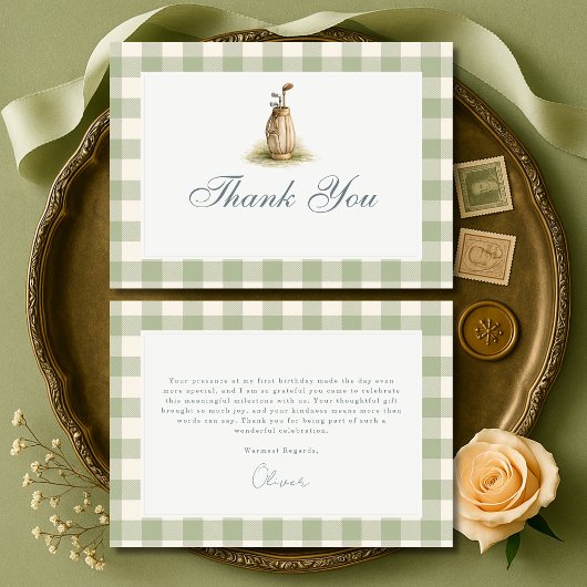 Carte De Remerciements Gingham Sage Green Golf First Birthday