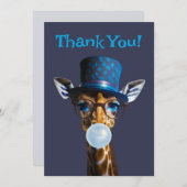 Carte De Remerciements Girafe en lunettes, cravate arc, chapeau bleu gomm (Devant / Derrière)