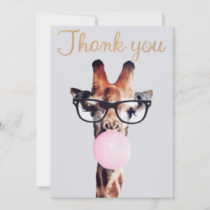 Carte De Remerciements Girafe Portant des lunettes soufflant rose bulle g