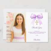 Carte De Remerciements Girl photo lavender bow Confirmation (Devant)