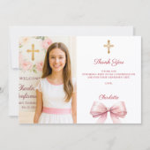 Carte De Remerciements Girl photo pink bow Confirmation (Devant)