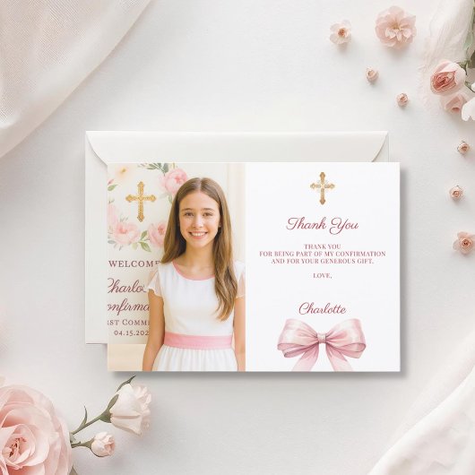 Carte De Remerciements Girl photo pink bow Confirmation