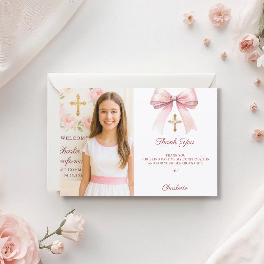 Carte De Remerciements Girl photo pink bow Confirmation