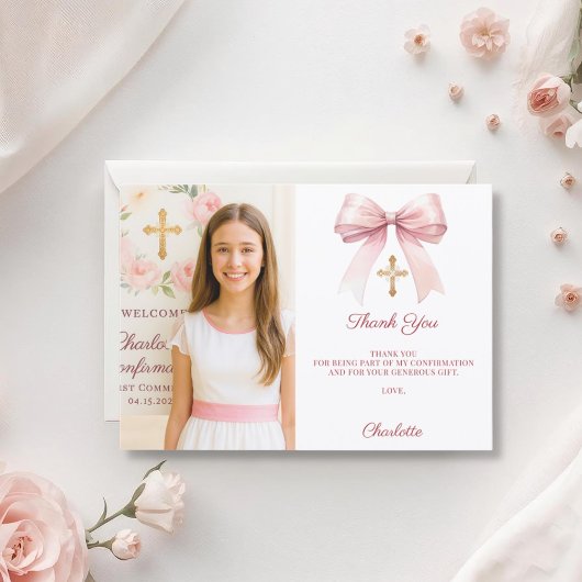 Carte De Remerciements Girl photo pink bow Confirmation