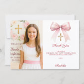 Carte De Remerciements Girl photo pink bow Confirmation (Devant)