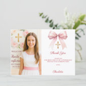 Carte De Remerciements Girl photo pink bow Confirmation (Debout devant)