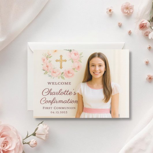 Carte De Remerciements Girl photo pink bow cross Confirmation
