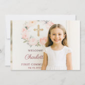 Carte De Remerciements Girl photo pink bow cross First Communion (Devant)