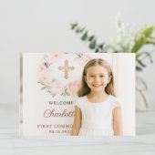 Carte De Remerciements Girl photo pink bow cross First Communion (Debout devant)