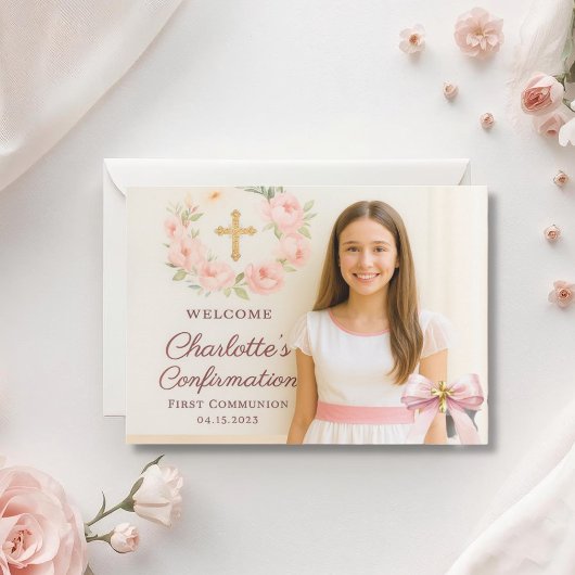 Carte De Remerciements Girl photo pink bow cross First Holy Communion