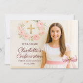Carte De Remerciements Girl photo pink bow cross First Holy Communion (Devant)
