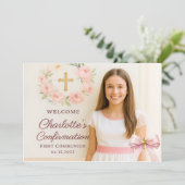 Carte De Remerciements Girl photo pink bow cross First Holy Communion (Debout devant)