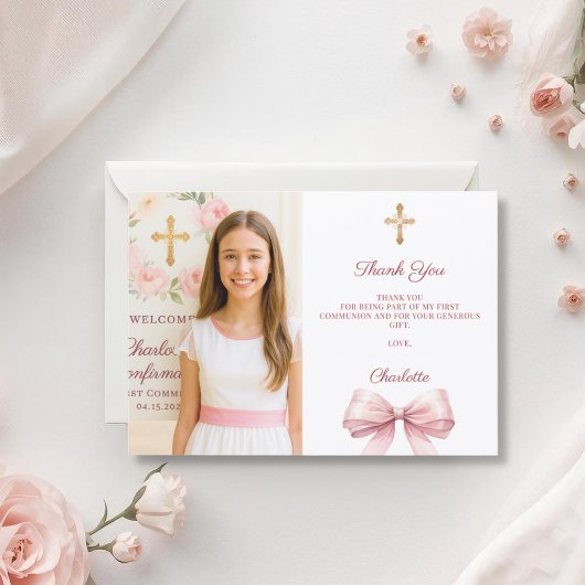 Carte De Remerciements Girl photo pink bow First Holy Communion