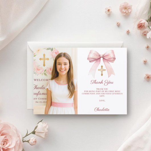 Carte De Remerciements Girl photo pink bow First Holy Communion