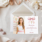 Carte De Remerciements Girl photo pink bow First Holy Communion