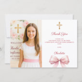 Carte De Remerciements Girl photo pink bow First Holy Communion (Devant)