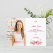 Carte De Remerciements Girl photo pink bow First Holy Communion (Debout devant)