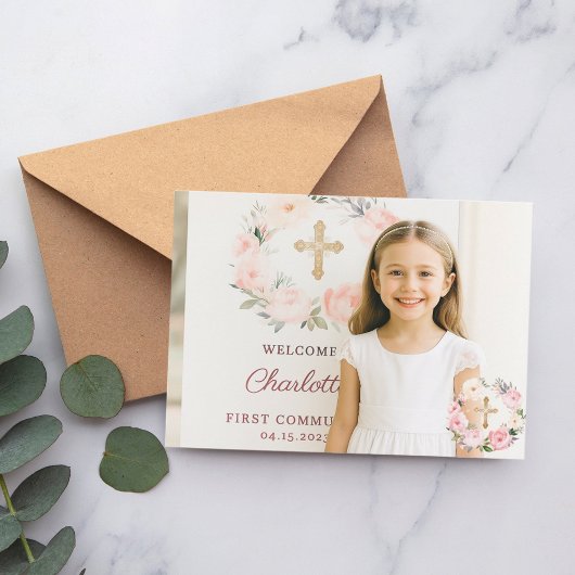 Carte De Remerciements Girl photo pink florals cross First Communion 