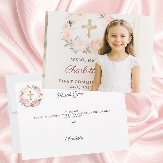 Carte De Remerciements Girl photo pink florals cross First Communion 
