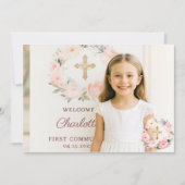 Carte De Remerciements Girl photo pink florals cross First Communion  (Devant)