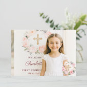 Carte De Remerciements Girl photo pink florals cross First Communion  (Debout devant)