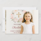 Carte De Remerciements Girl photo pink florals cross First Communion  (Devant)