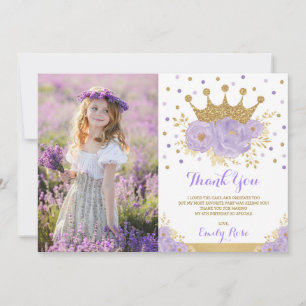 Carte De Remerciements Girl Purple Gold Princess Crown Photo Anniversaire