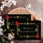 Carte De Remerciements Glam Art Deco Casino Las Vegas Poker Mariage<br><div class="desc">Casino Royale et design de cartes à thème Art déco des années 20. Il présente un style art déco vintage, un cadre en faux or hollywoodien des années 1920, jouant à des costumes de cartes (simulant des cartes à jouer), sur un arrière - plan motif Art déco noir doré. Utilisez...</div>