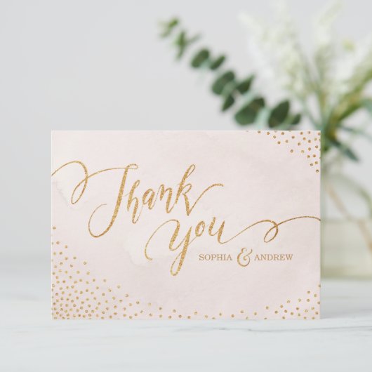 Carte De Remerciements Glam blush parties scintillant rose or calligraphi (Debout devant)