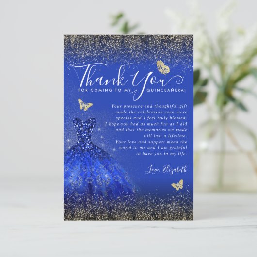 Carte De Remerciements Glam Royal Blue Gold Parties scintillant Quinceane (Debout devant)