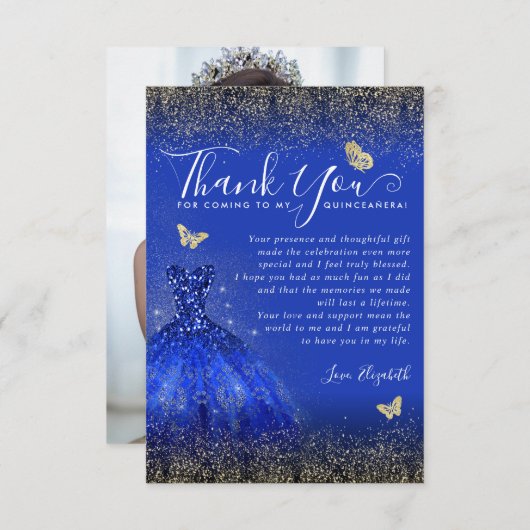 Carte De Remerciements Glam Royal Blue Gold Parties scintillant Quinceane (Devant / Derrière)
