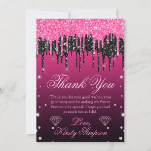 Carte De Remerciements Glamour Noir & Rose Paillettes qui Coulent Sweet 1