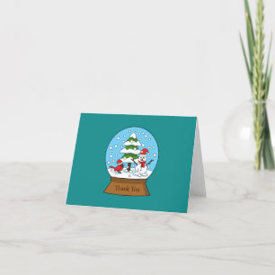 Carte De Remerciements Globe de neige avec le cardinal Snowman et Pine Tr
