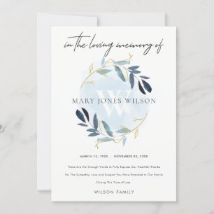 CARTE DE REMERCIEMENTS GOLD AQUA BLUE FOLIAGE WREATH SYMPATHIE MEMORIAL