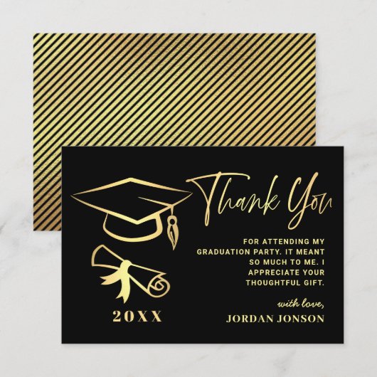 Carte De Remerciements Gold Black Modern Graduation Party (Devant / Derrière)