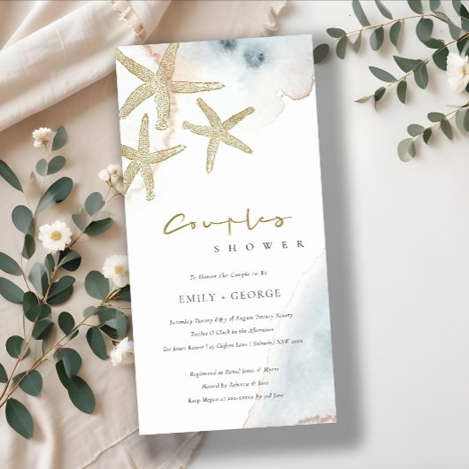 CARTE DE REMERCIEMENTS GOLD BLUE BEACHY STARFISH COUPLES DOUCHE INVITATIO