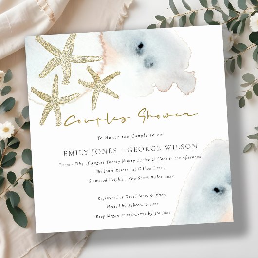 CARTE DE REMERCIEMENTS GOLD BLUE BEACHY STARFISH COUPLES DOUCHE INVITATIO