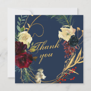 Carte De Remerciements Gold Blue Burgundy Aquarelle Florale Wreath Weddin