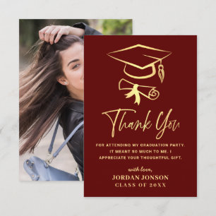 Carte De Remerciements Gold Burgundy Modern Graduation PHOTO