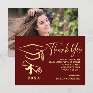 Carte De Remerciements Gold Burgundy Modern Graduation PHOTO