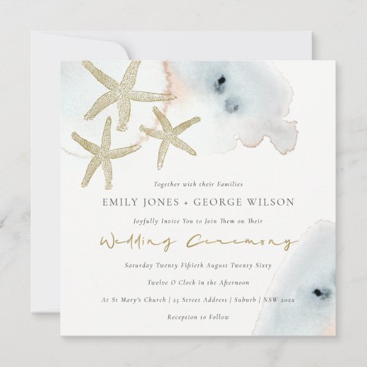 CARTE DE REMERCIEMENTS GOLD DUSKY BLUE BEACHING STARFISH MARIAGE INVITE (Devant)
