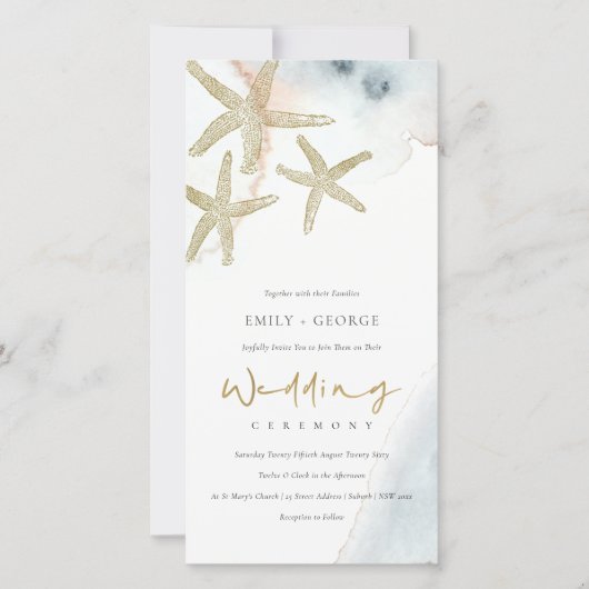 CARTE DE REMERCIEMENTS GOLD DUSKY BLUE BEACHING STARFISH MARIAGE INVITE (Devant)